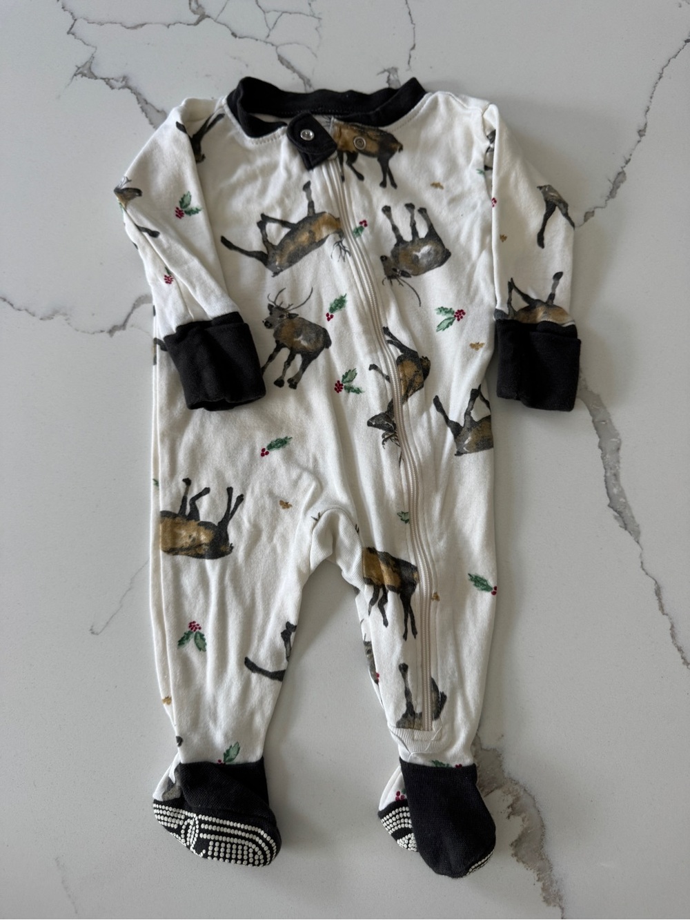 Burt's Bees White Reindeer Footed One-Piece with green Trim